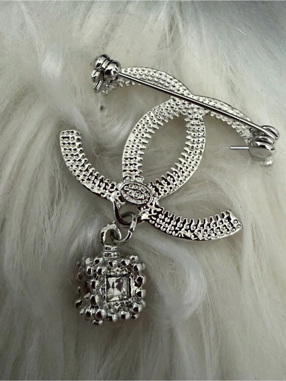 CHANEL Silver Crystal CC Logo Pendant Brooch